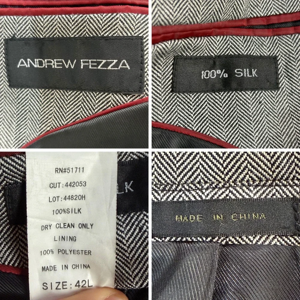 Andrew Fezza Blazer Mens 42L Grey Herringbone 100% Silk Two Button Sport Coat